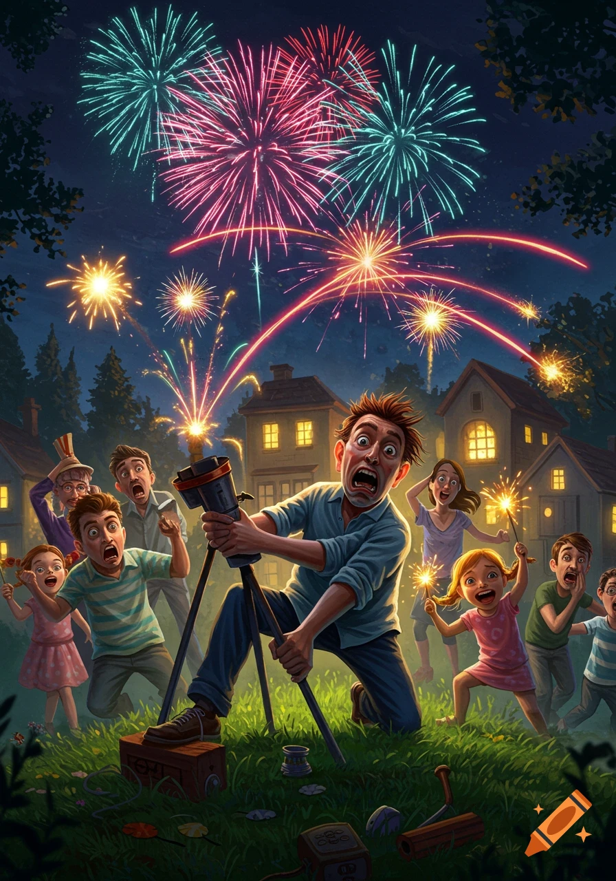 Cartoon illustration of a man setting off misfiring fireworks towards a screaming, ducking crowd in a suburban backyard.
