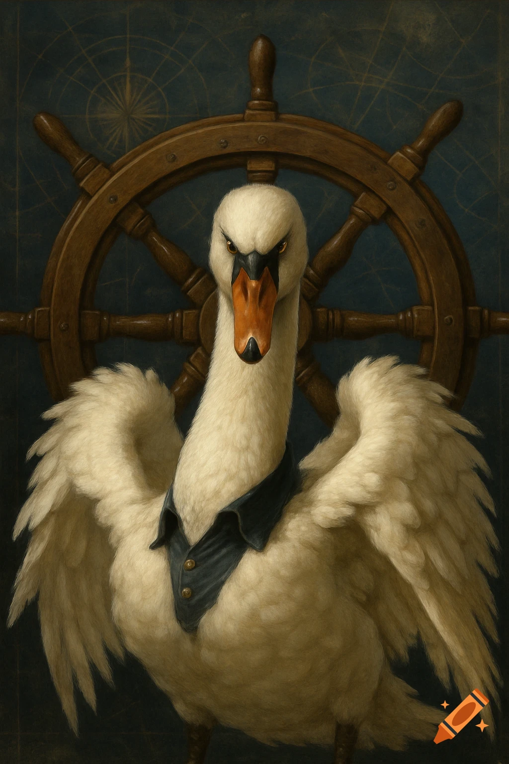 A painterly portrait of an angry white swan in a dark blue collared shirt, with an old wooden ship's steering wheel behind it.