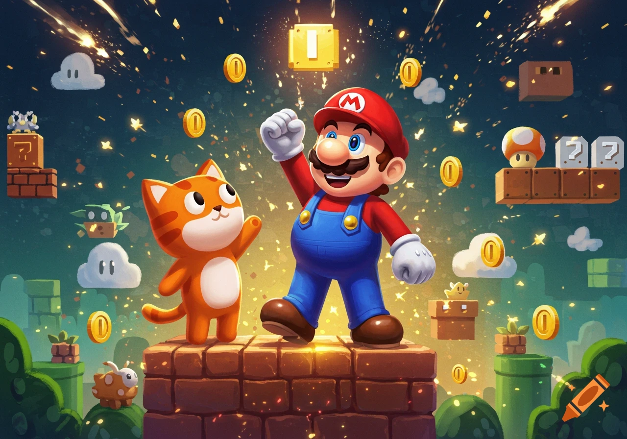 A vibrant illustration of Mario and a smiling orange cat on brick blocks, surrounded by coins and question blocks under a starry sky.