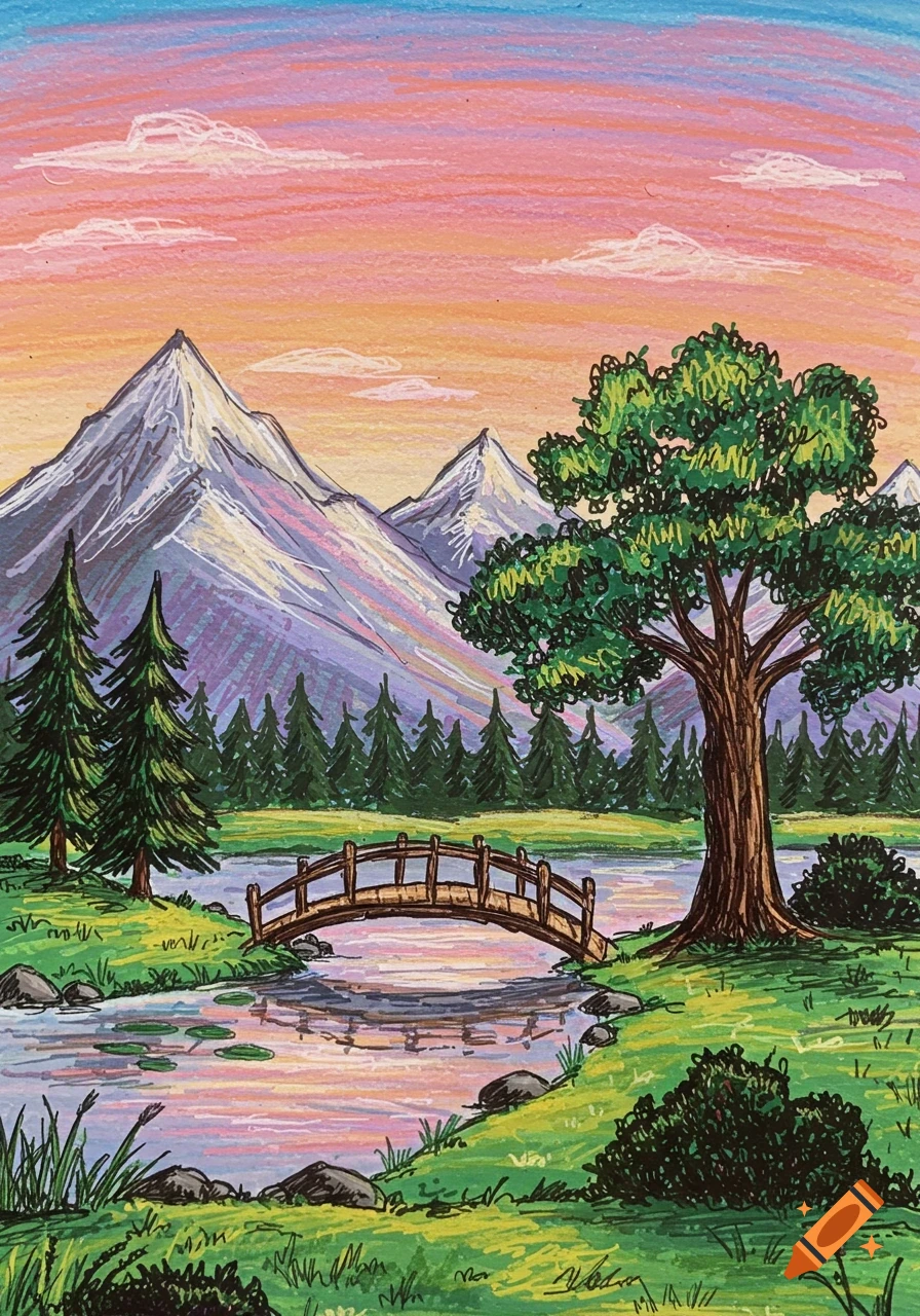 Colorful child-like drawing of a mountain landscape with a wooden bridge over a lake, large trees, and a sunset sky.