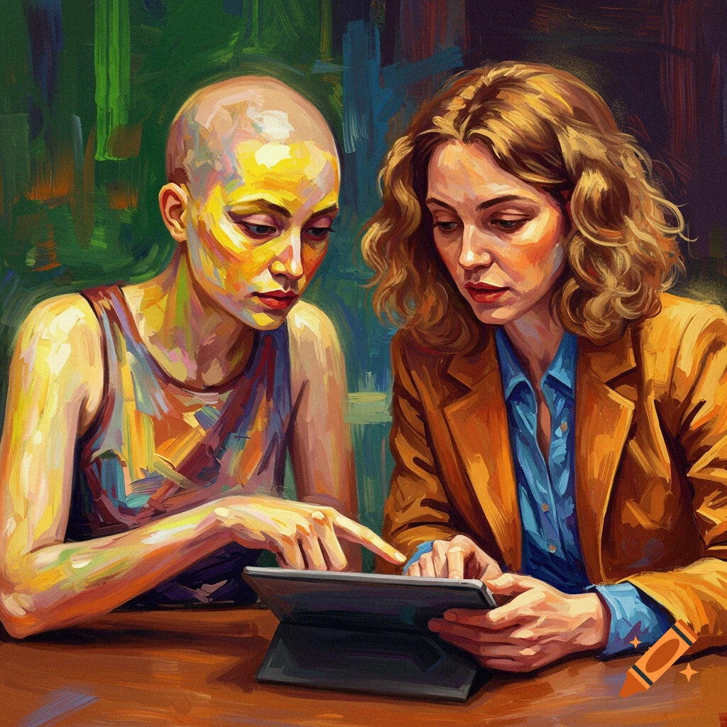 A vibrant post-impressionist painting of two women, one bald, looking at a tablet at a table.