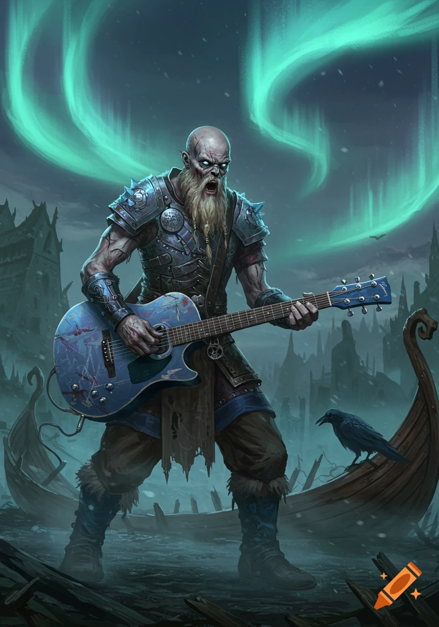 A bald, bearded zombie viking in armor plays a blue guitar under green northern lights, with a raven on a longboat.