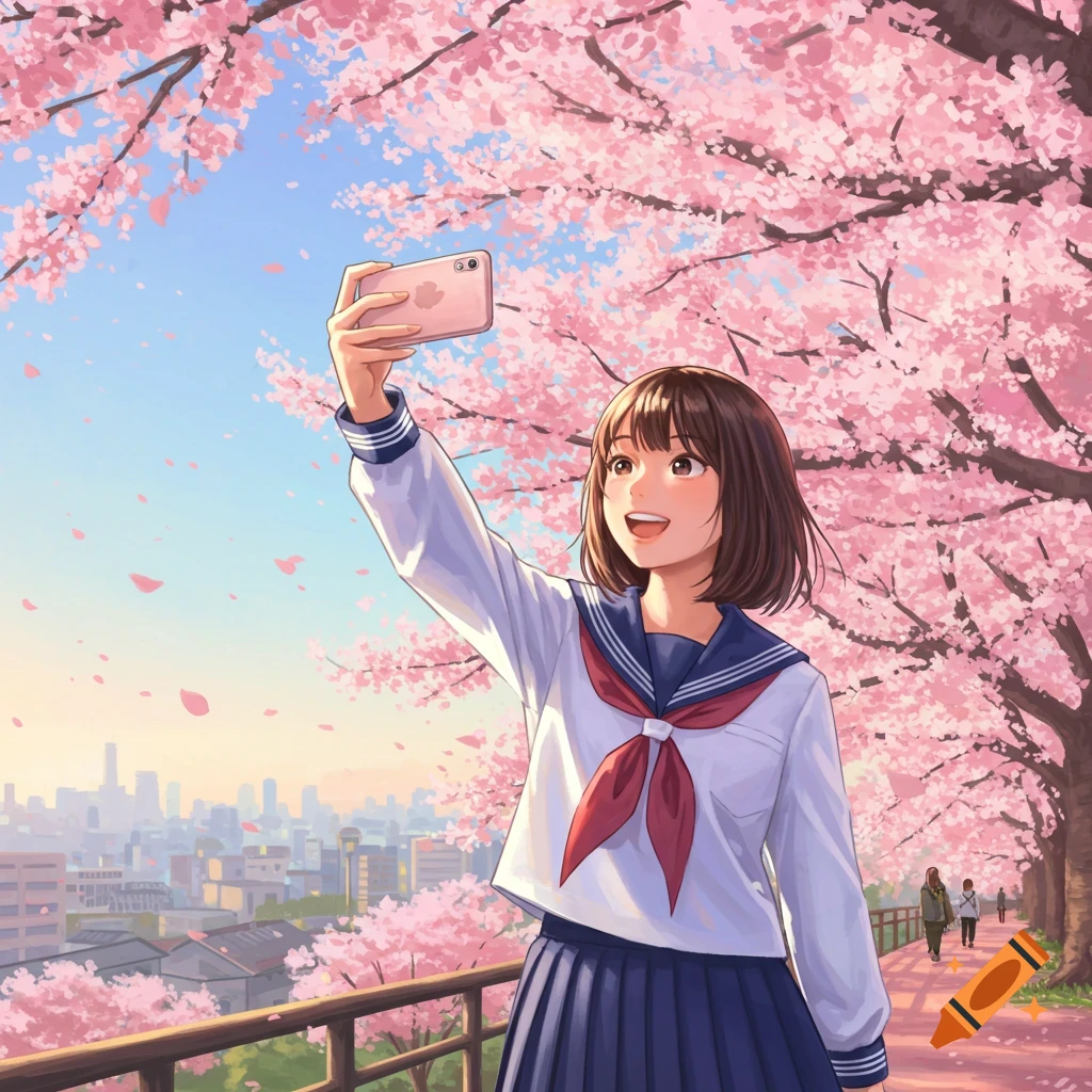 An anime girl in a school uniform smiles while taking a selfie under vibrant pink cherry blossom trees, with a city skyline behind her.