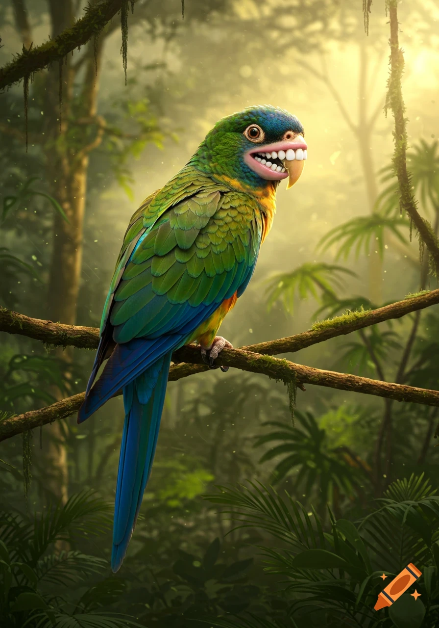 A vibrant green and blue parrot with human teeth perches on a branch in a sunlit jungle.