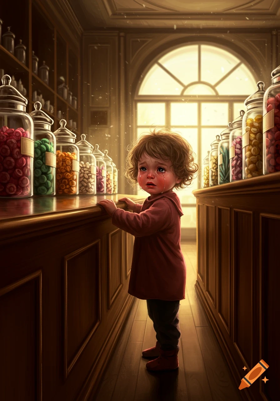 A small child with curly hair cries sadly while standing at a wooden counter filled with colorful candy jars in an old-fashioned shop.