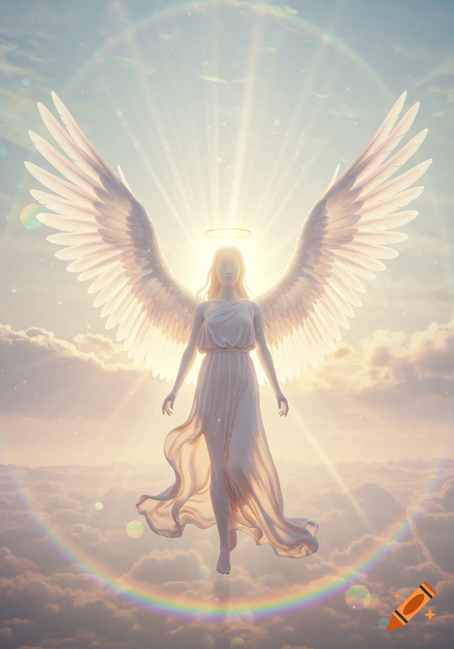 An angelic figure with large white wings, a halo, and a flowing gown, floats above clouds in a bright celestial sky with a rainbow.