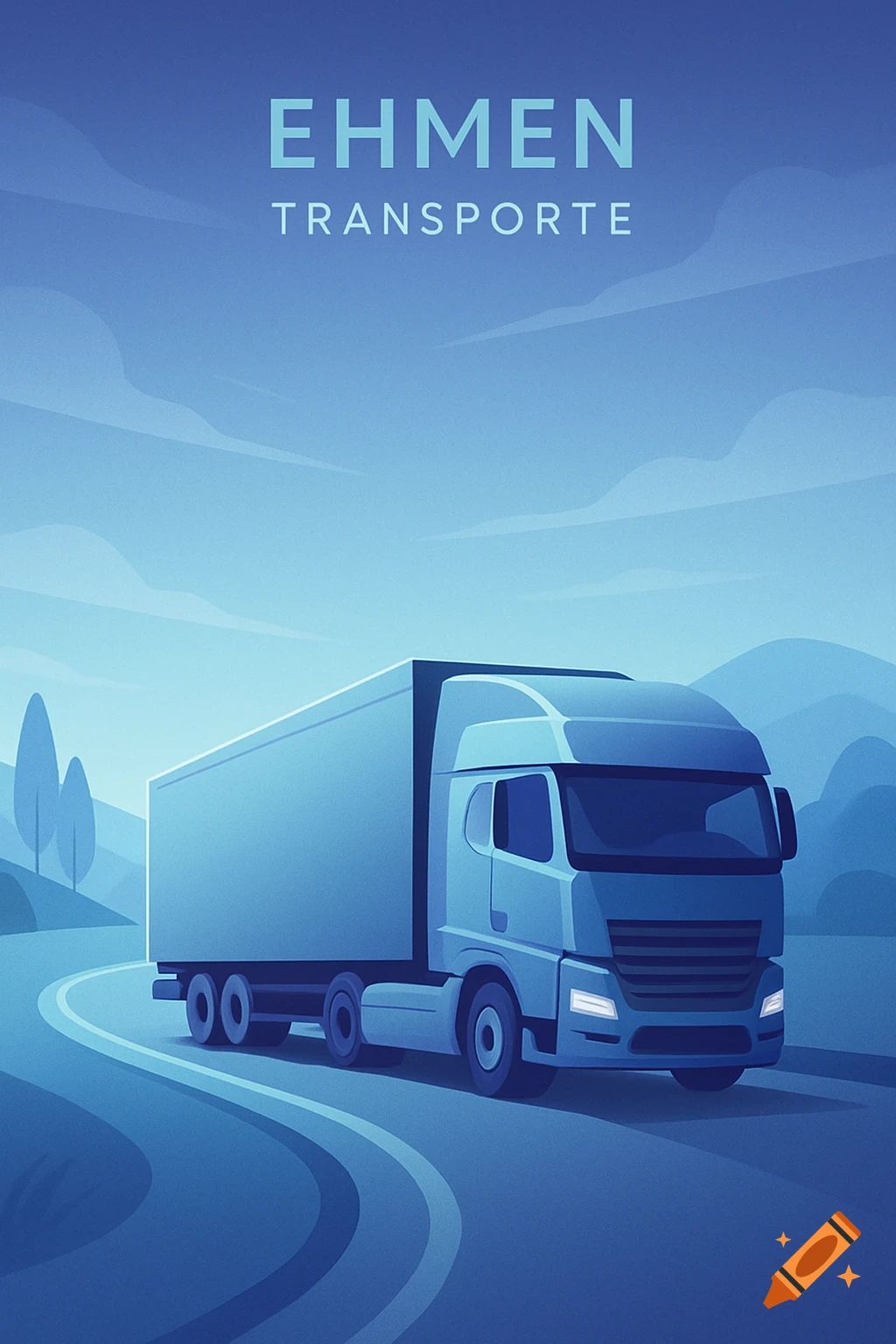 Stylized blue illustration of a semi-truck on a winding road with 'EHMEN TRANSPORTE' text in the sky.