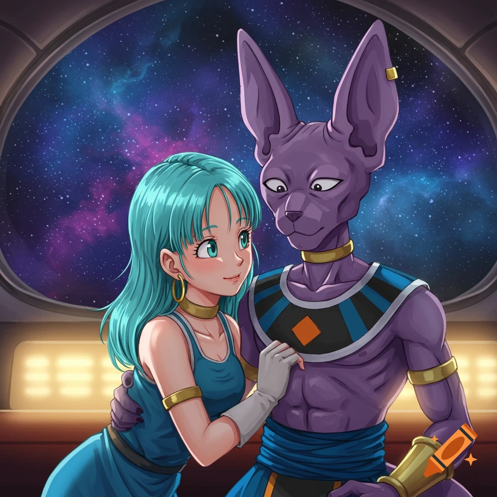 Anime characters Bulma and Beerus embrace inside a spaceship, gazing at a starry nebula.