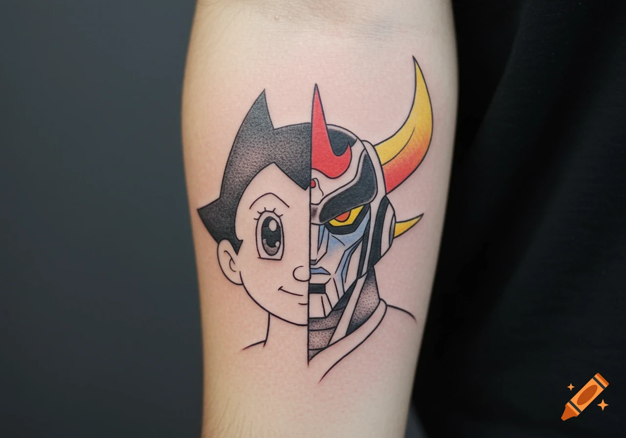 A colorful split-face tattoo on an arm, featuring Astro Boy on the left and Goldorak on the right.