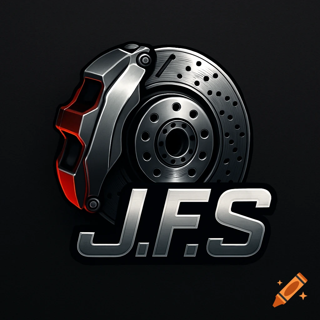 A metallic logo featuring a red and silver brake caliper over a brake disc, with 'J.F.S' text below.