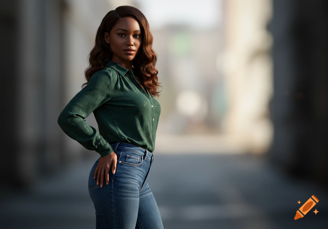 Photorealistic portrait of a woman with long wavy brown hair, wearing a shimmery green blouse and blue jeans, posing outdoors with a blurred background.