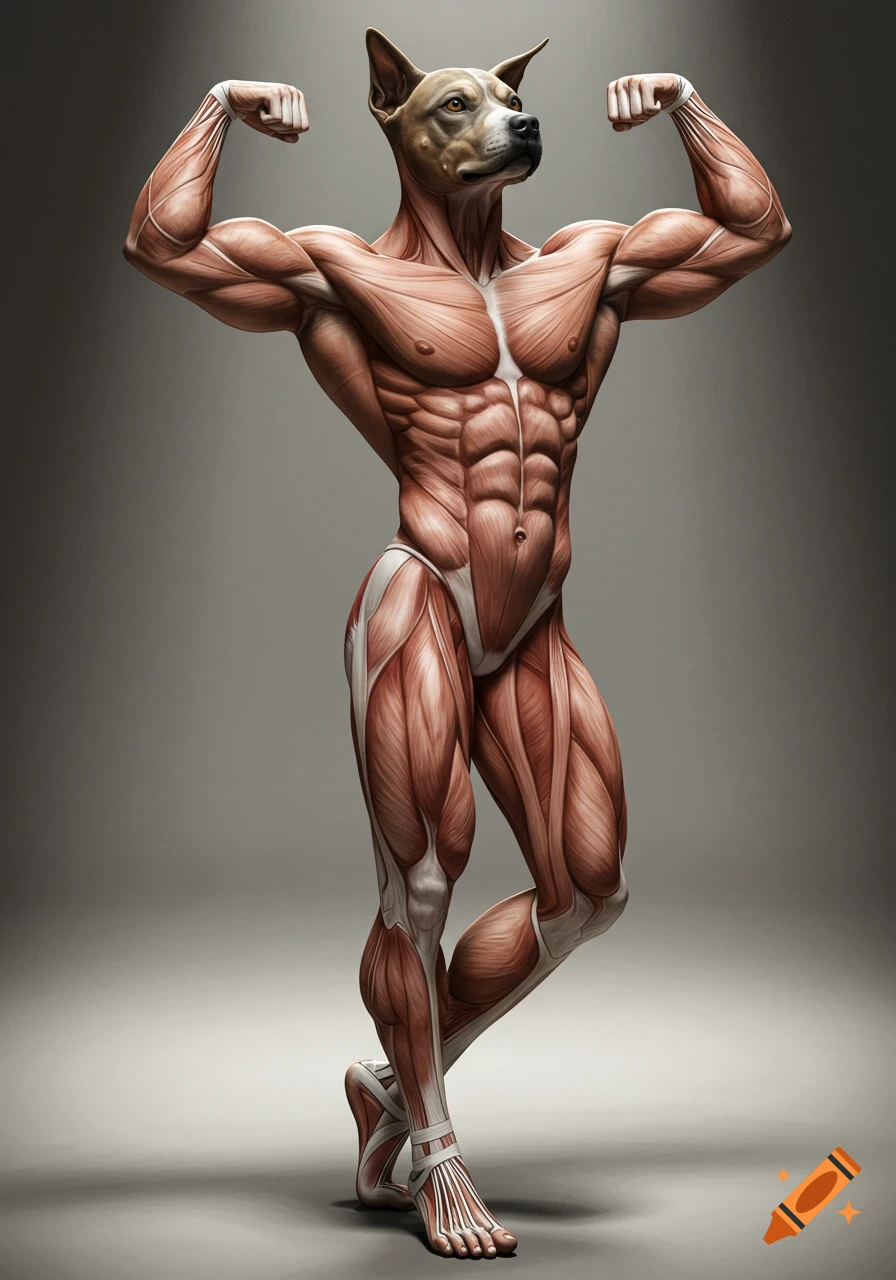 A muscular, anatomically correct human body with exposed muscles and a dog's head, posing like a bodybuilder.