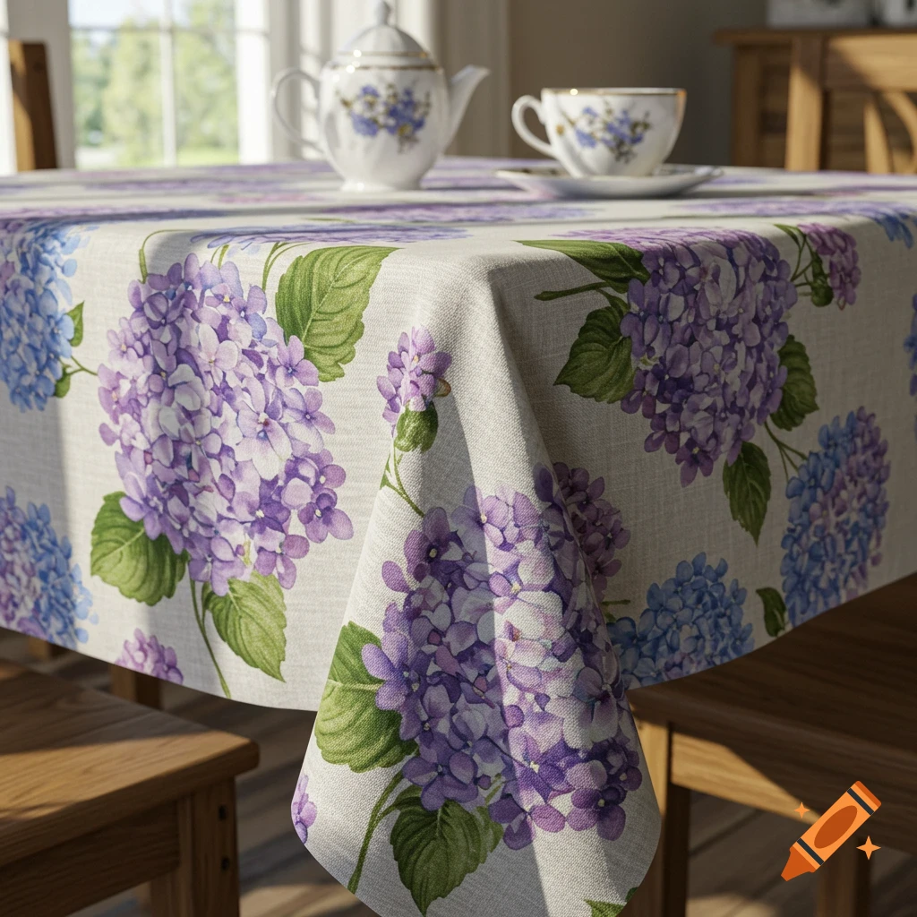 Photorealistic tablecloth with purple and blue hydrangea patterns on a wooden table, with a teapot and teacup in the background.