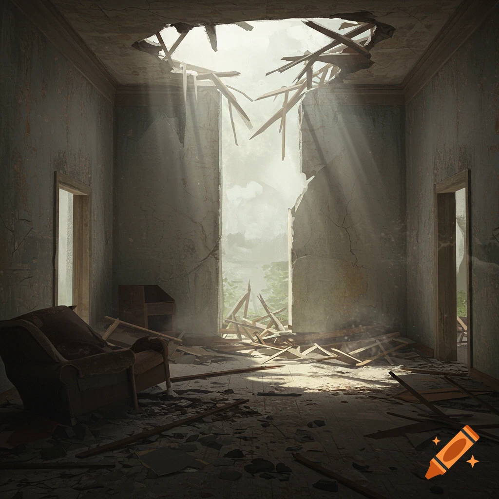 Sunlight streams into a derelict room with a collapsed ceiling, broken walls, scattered debris, and an old armchair.