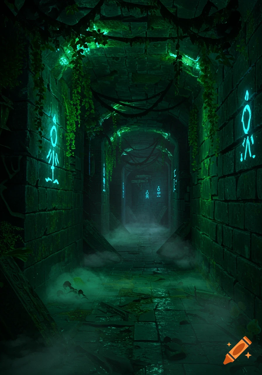 A dark, eerie fantasy labyrinth tunnel glows with green light from mystical symbols and hanging vines, filled with a mysterious mist.