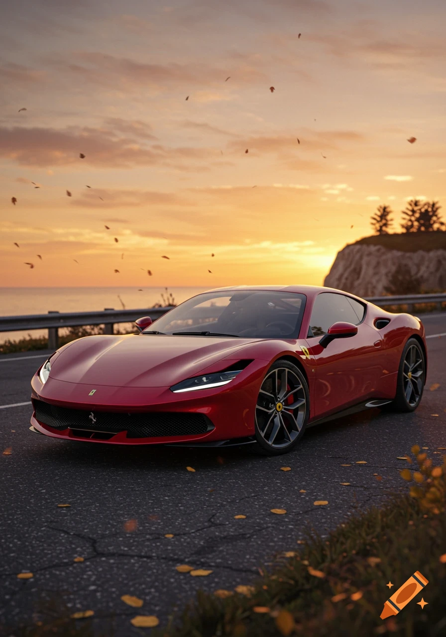 A sleek red Ferrari sports car is parked on a coastal road during a vibrant sunset with falling leaves.