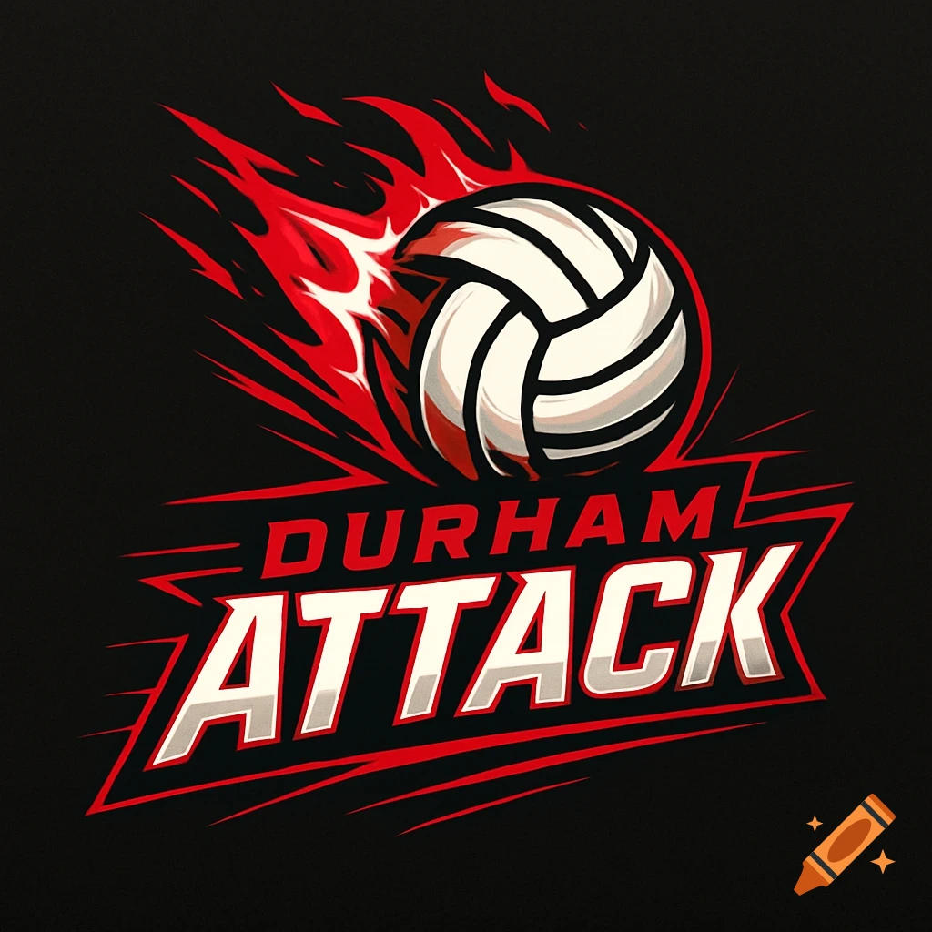 Logo for Durham Attack volleyball team, featuring a stylized volleyball with red flames against a black background.