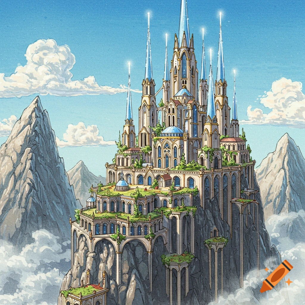 Detailed, hand-drawn illustration of an elaborate fantasy castle perched on a rocky mountaintop, surrounded by clouds.