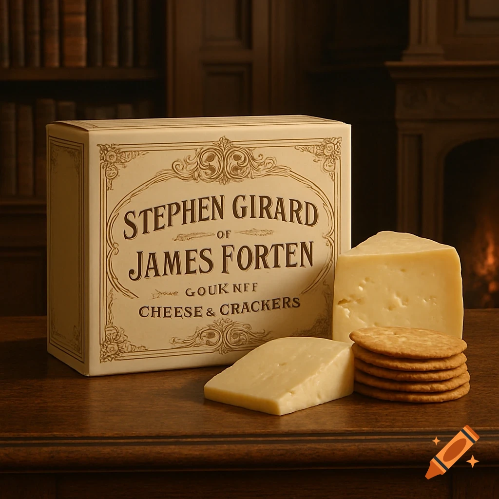 A beige box labeled "Stephen Girard of James Forten Cheese & Crackers" sits on a wooden table next to wedges of cheese and a stack of crackers, with a fireplace in the background.