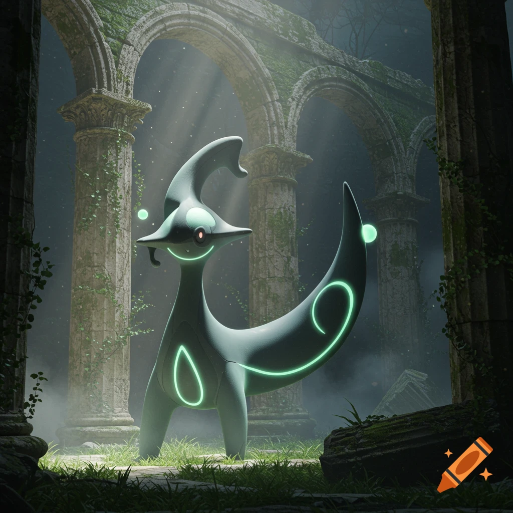 A glowing, stylized Pokémon-like creature stands amidst overgrown ancient ruins bathed in light.
