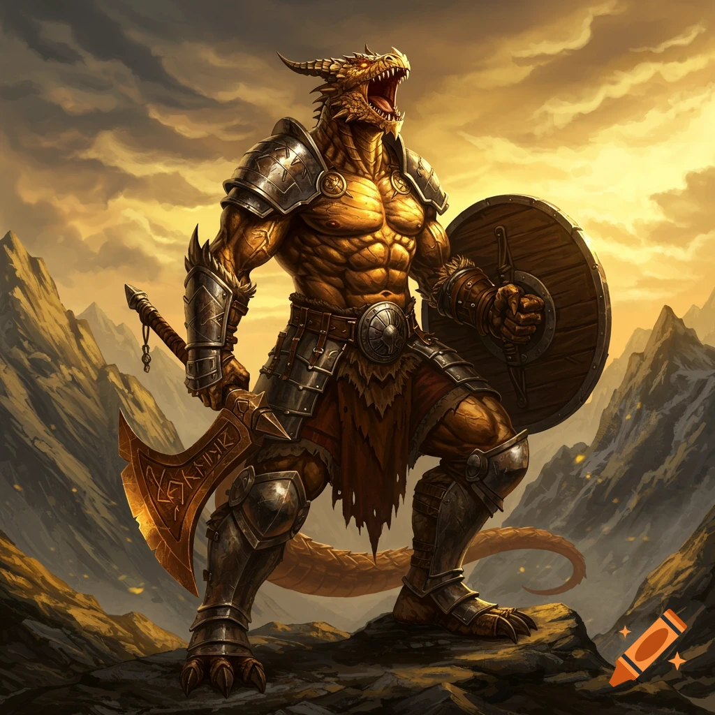 A powerful bronze dragonborn barbarian in armor holds an axe and shield on a rocky mountain at sunset, fantasy art.