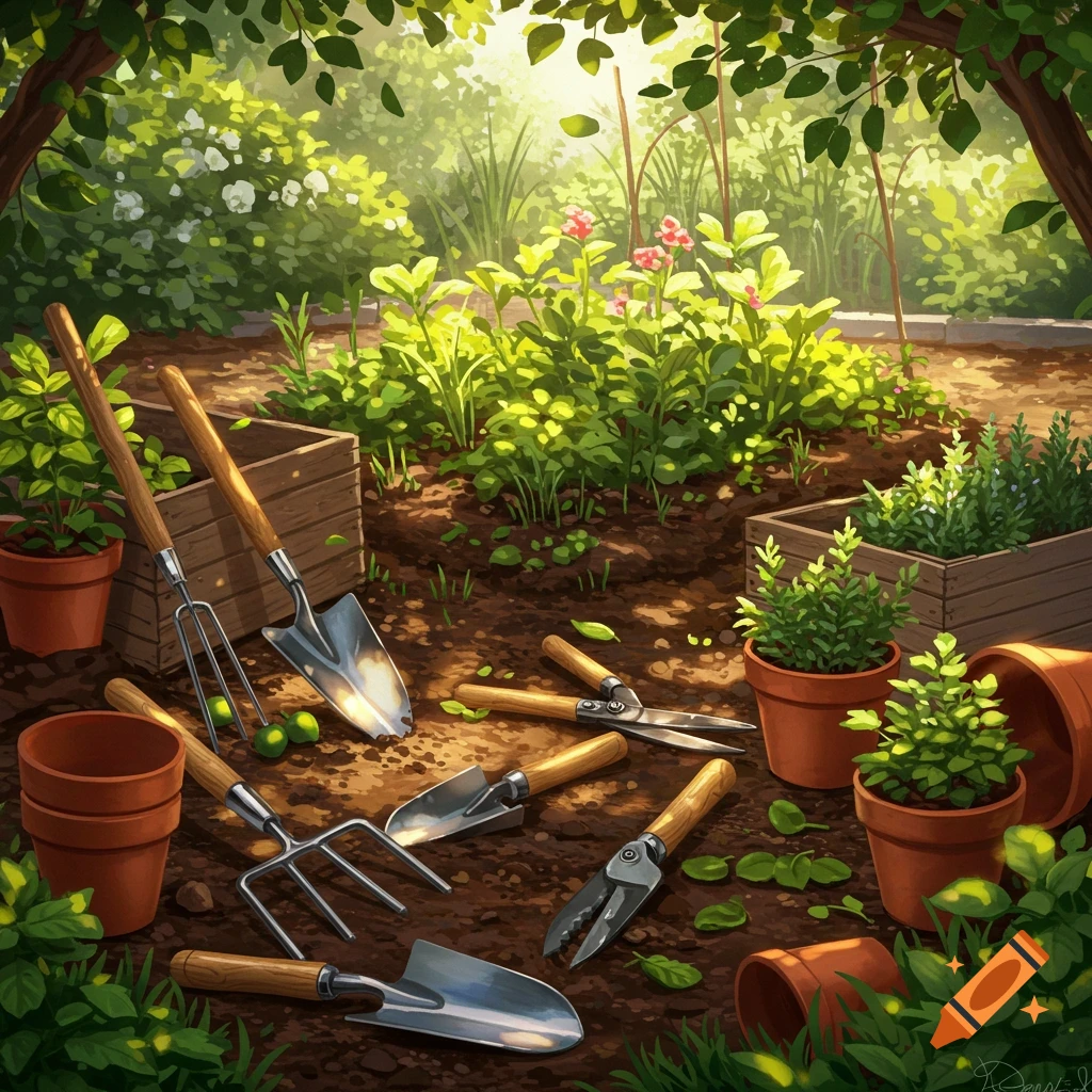 Gardening tools, potted plants, and wooden crates on dirt in a sunlit garden, depicted in a lush, illustrative style.
