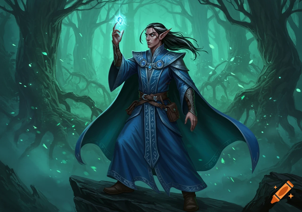 An elf wizard in blue robes stands in a mystical forest, holding a glowing blue crystal. He has long dark hair and pointed ears.