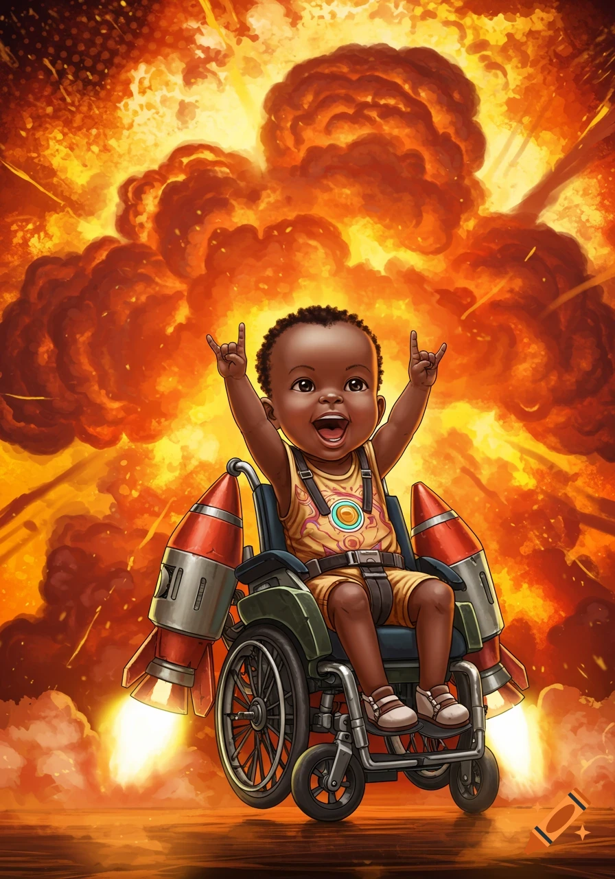 A joyful cartoon African baby in a wheelchair with firing rockets makes a rock hand symbol against a vibrant explosion.