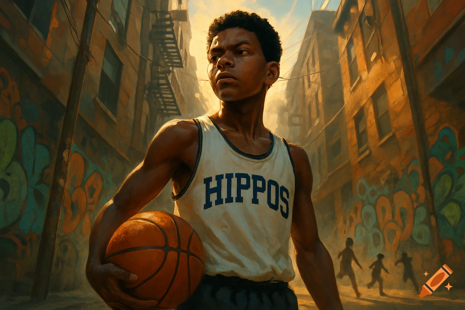 A young basketball player in a 'HIPPOS' singlet holds a ball in an urban setting, painted in warm tones.