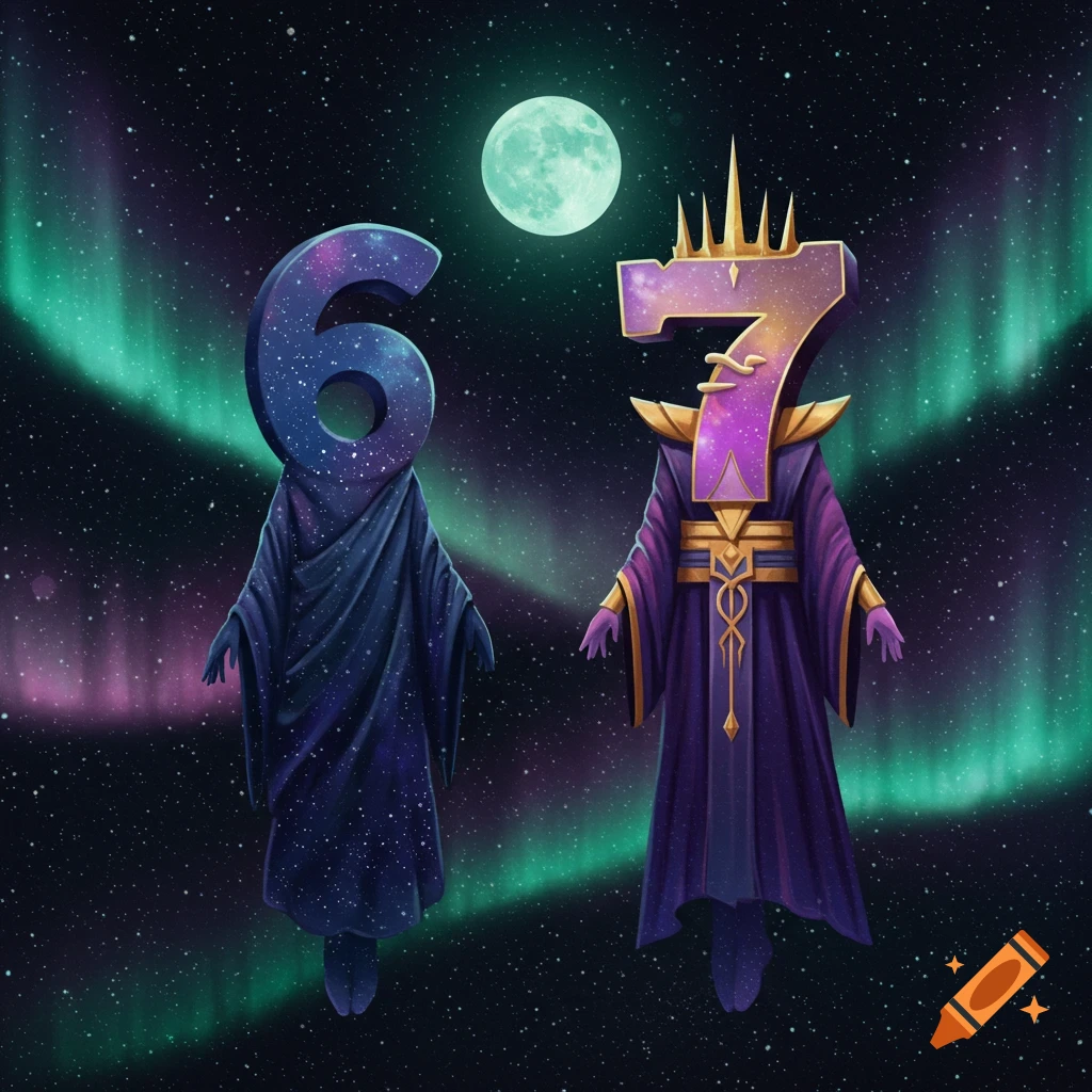 Stylized numbers 6 and 7 as cloaked figures in a cosmic setting with aurora borealis and a full moon.