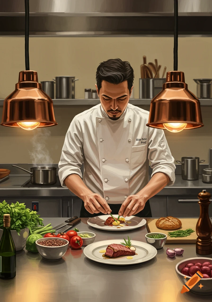An illustrated chef with a focused expression carefully plates a gourmet meal in a professional kitchen.