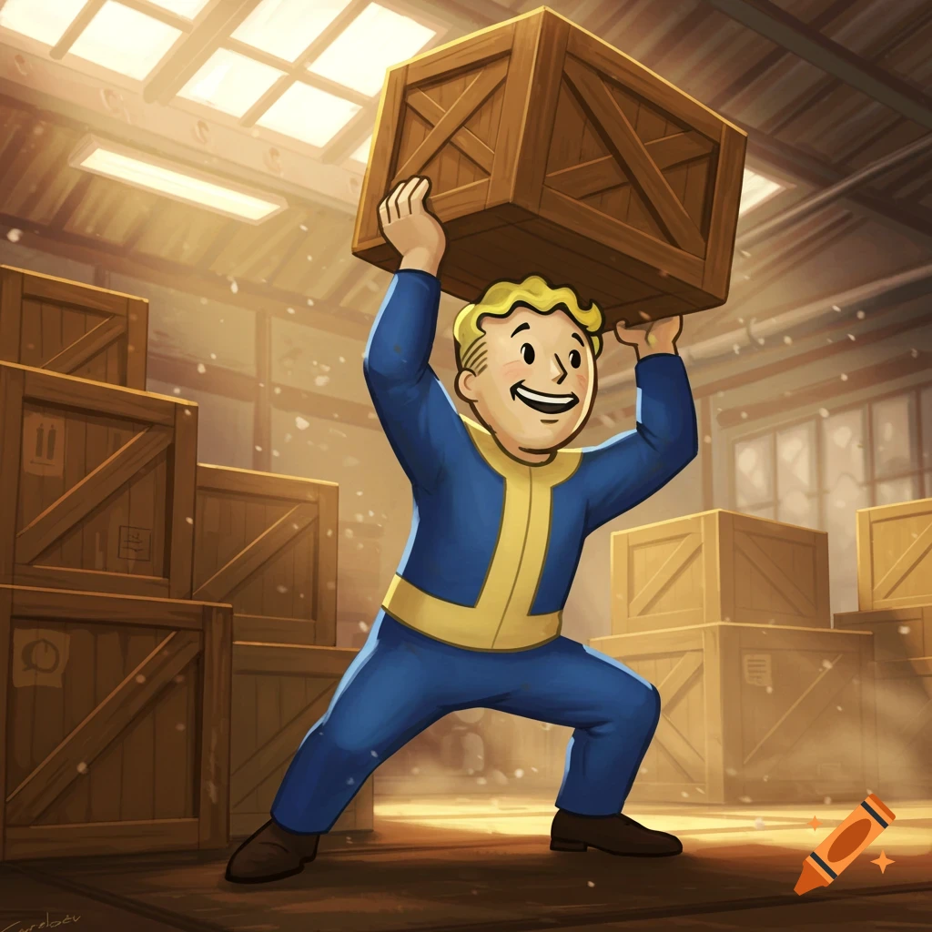 Vault Boy from Fallout in a blue and yellow suit lifts a wooden crate in a warehouse filled with more crates. Cartoon style illustration.