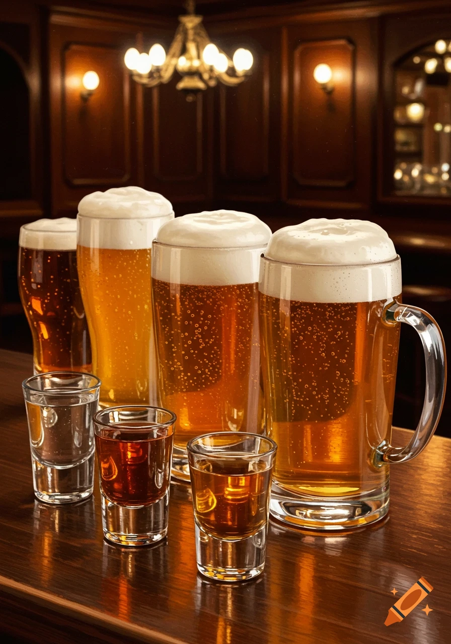 Photorealistic image of several frothy beer glasses and shot glasses on a dark wooden bar counter in a dimly lit pub.