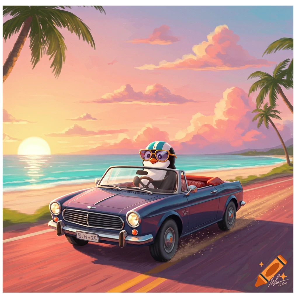 A cartoon penguin in sunglasses and a helmet drives a blue convertible along a sunny tropical beach at sunset.