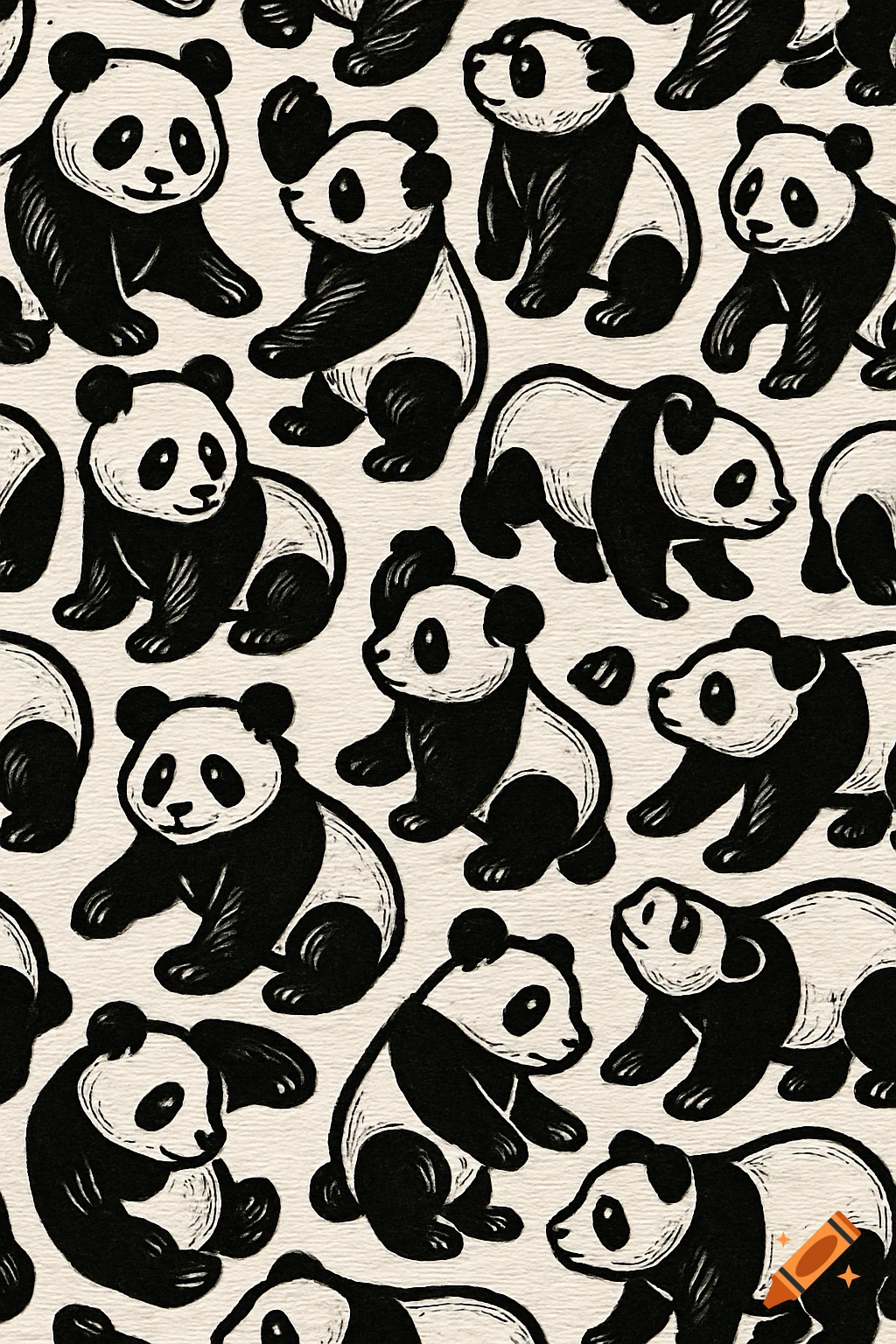 A seamless black and white pattern featuring numerous cute panda silhouettes in a simple engraving style, with a textured background.