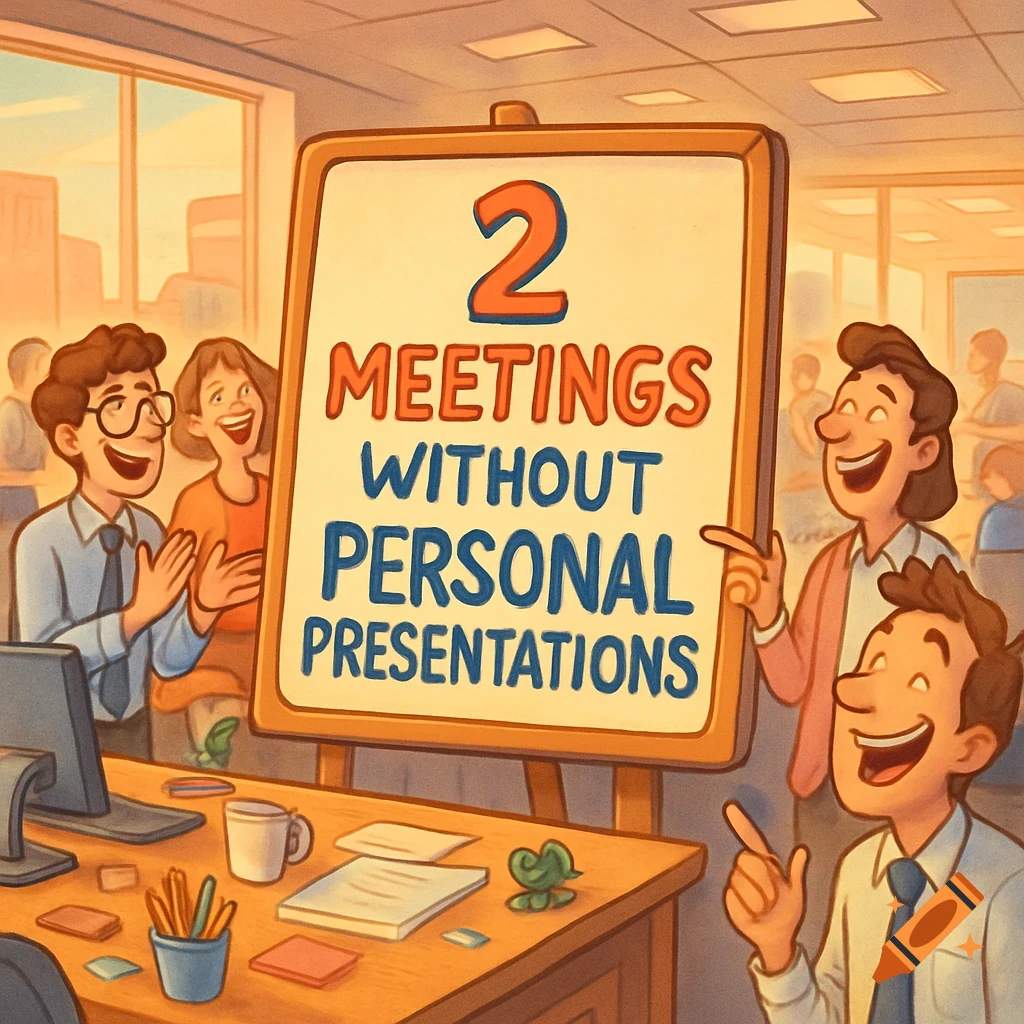 Happy cartoon office workers celebrate in front of a whiteboard reading '2 MEETINGS WITHOUT PERSONAL PRESENTATIONS'.