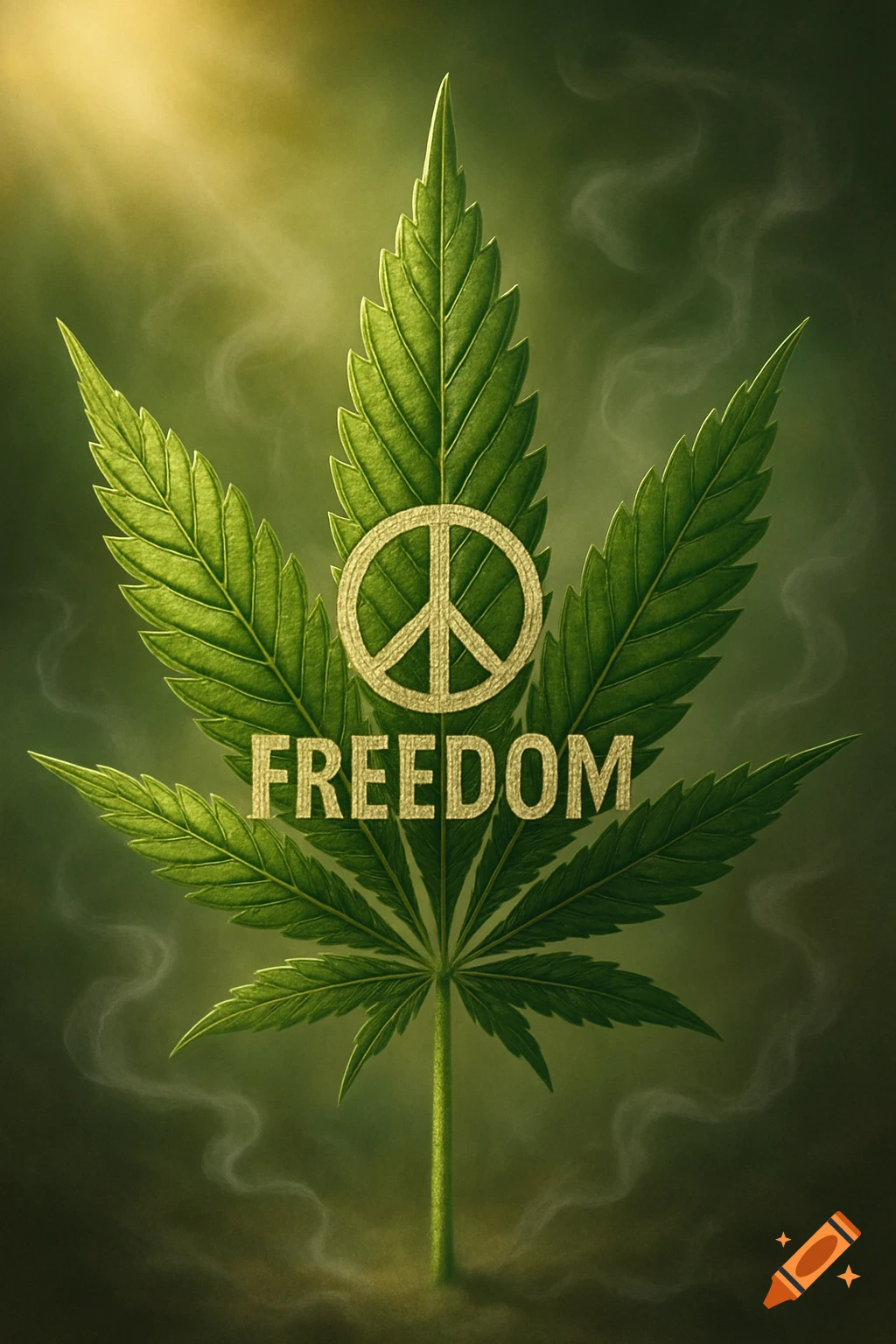 A stylized green cannabis leaf with a golden peace symbol and the word "FREEDOM" in golden text, surrounded by faint smoke against a glowing green background.