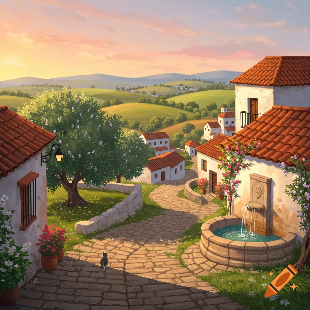 An illustration of a charming Mediterranean village at sunset, with whitewashed houses, red-tiled roofs, cobblestone paths, a fountain, and a small cat.