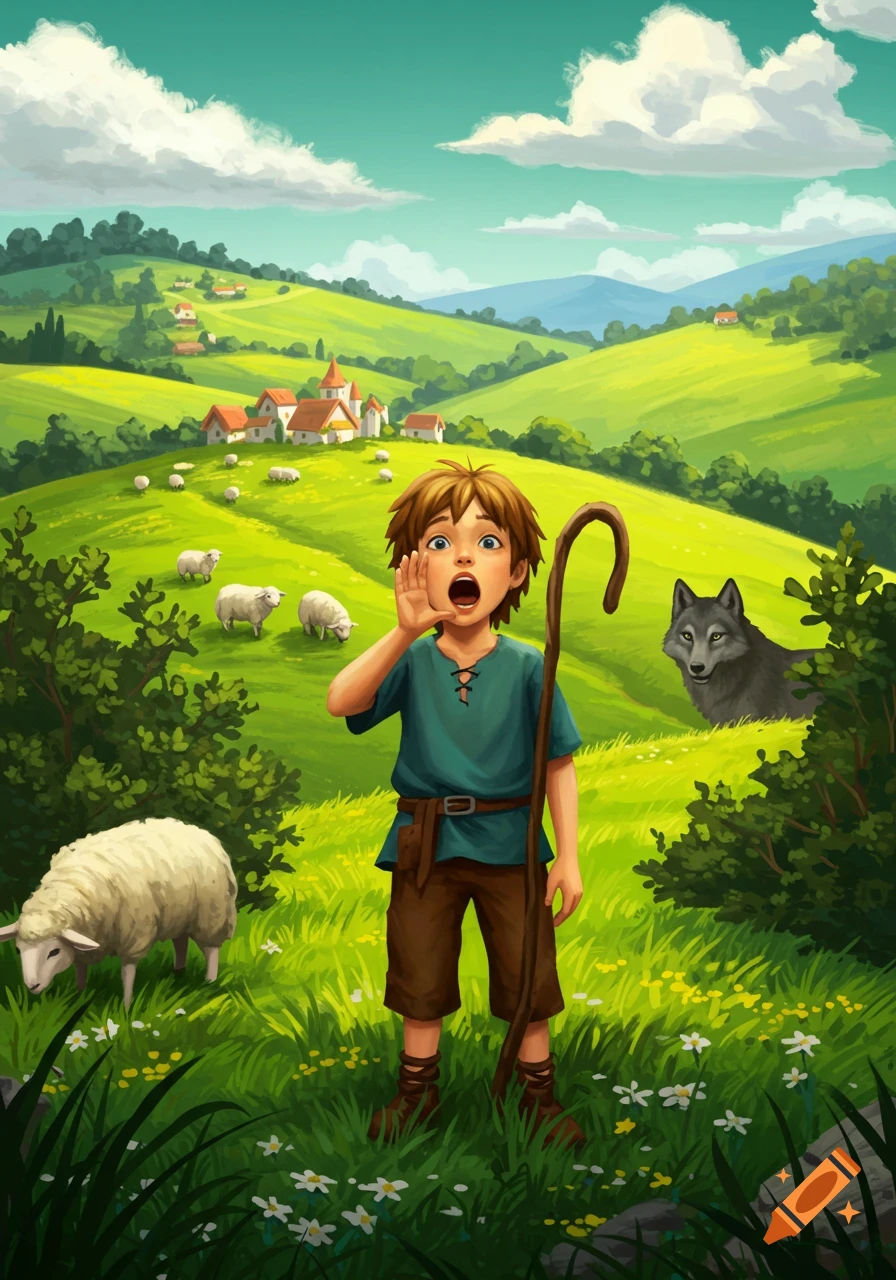 An illustrated scene of the boy who cried wolf: a young shepherd boy shouts on a green hill with sheep, a wolf lurks.