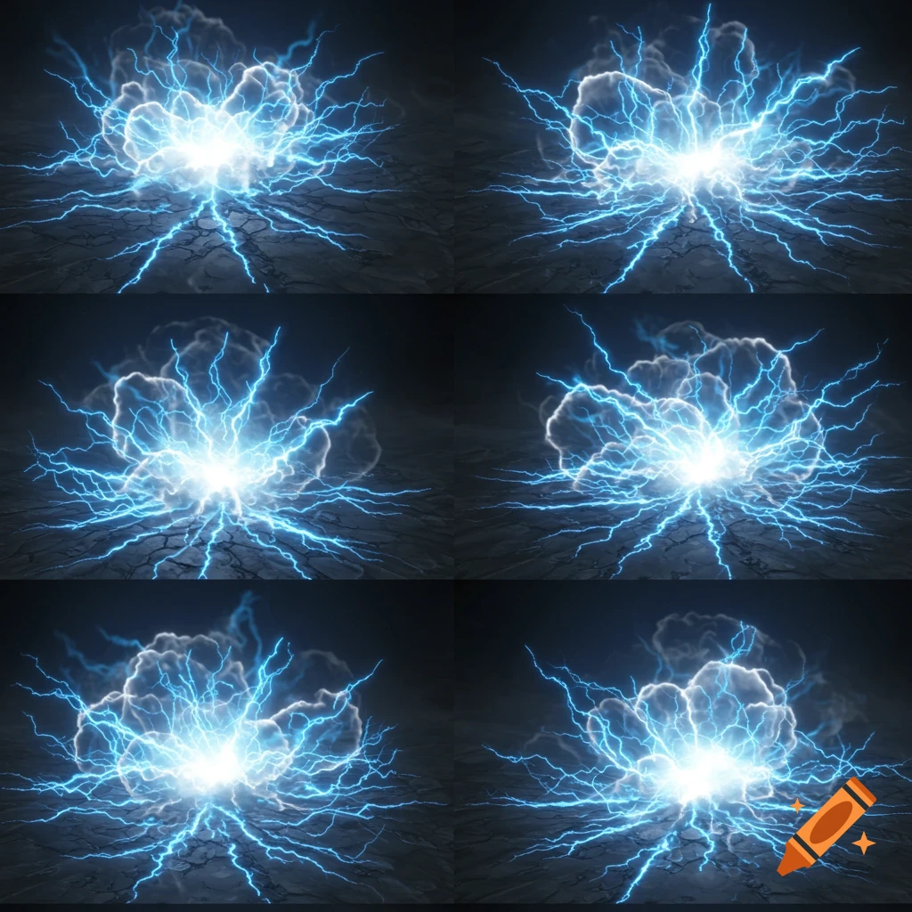 A tiled pattern of blue and white electric explosions with lightning arcs on cracked dark ground, stylized for a game.