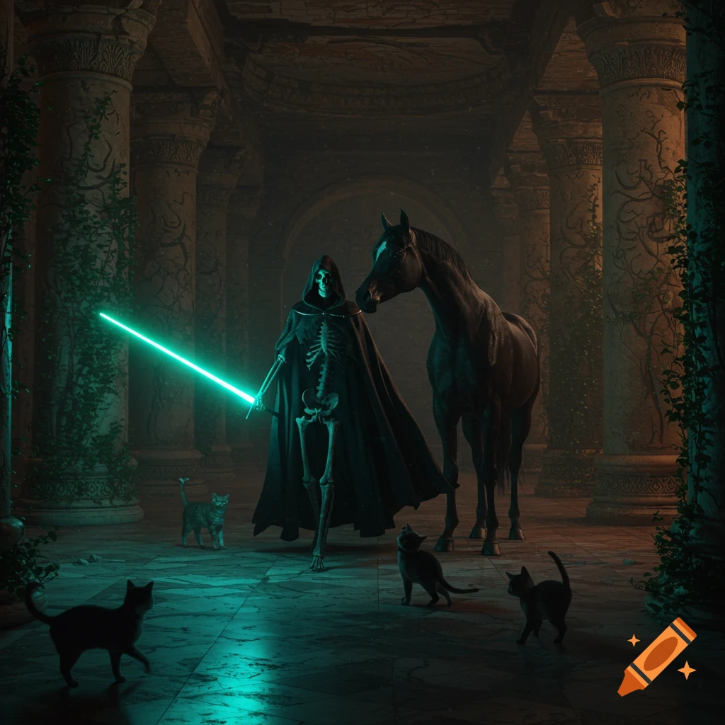 A robed skeleton with a green lightsaber stands with a black horse and several cats in dark, overgrown ancient ruins.