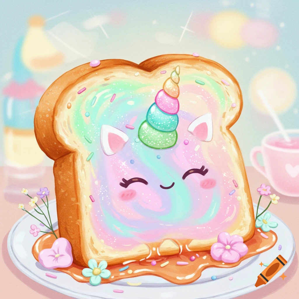 Whimsical cartoon illustration of a slice of toast with pastel rainbow frosting, a unicorn horn, and a cute smiling face.