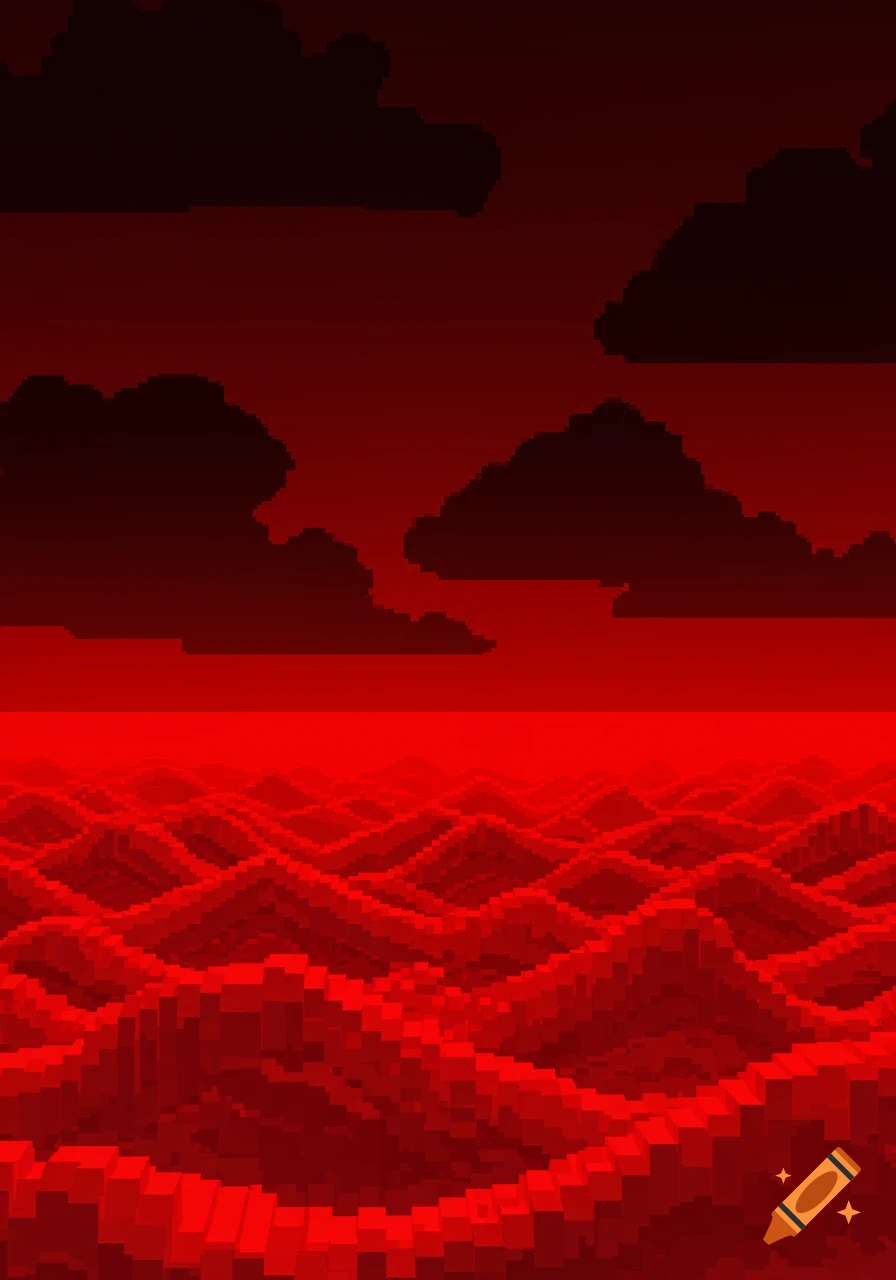 A pixel art landscape featuring red, blocky hills under a red sky with dark, blocky clouds.