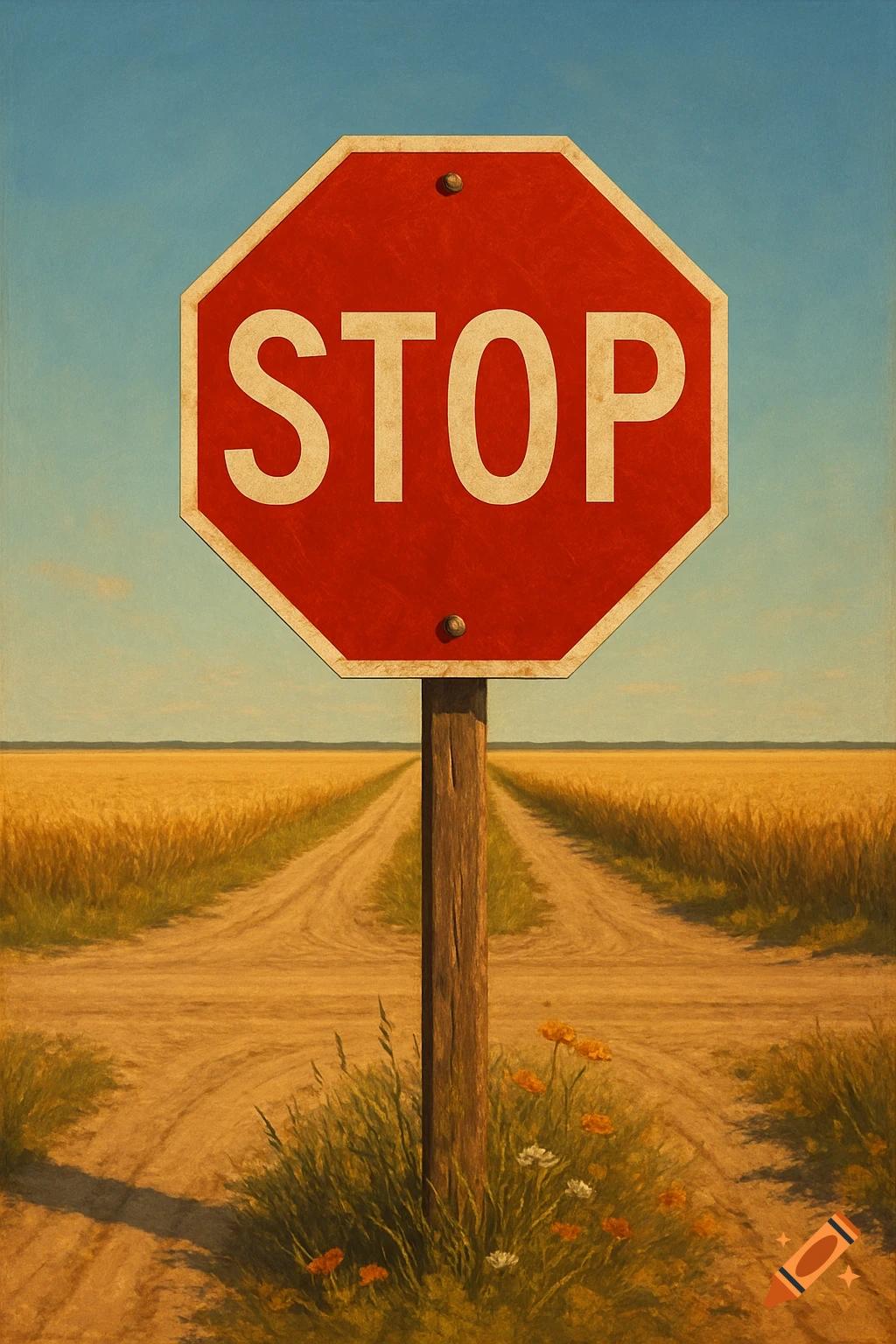 A red stop sign on a wooden post at a crossroads in a golden wheat field under a blue sky, in a painting style.