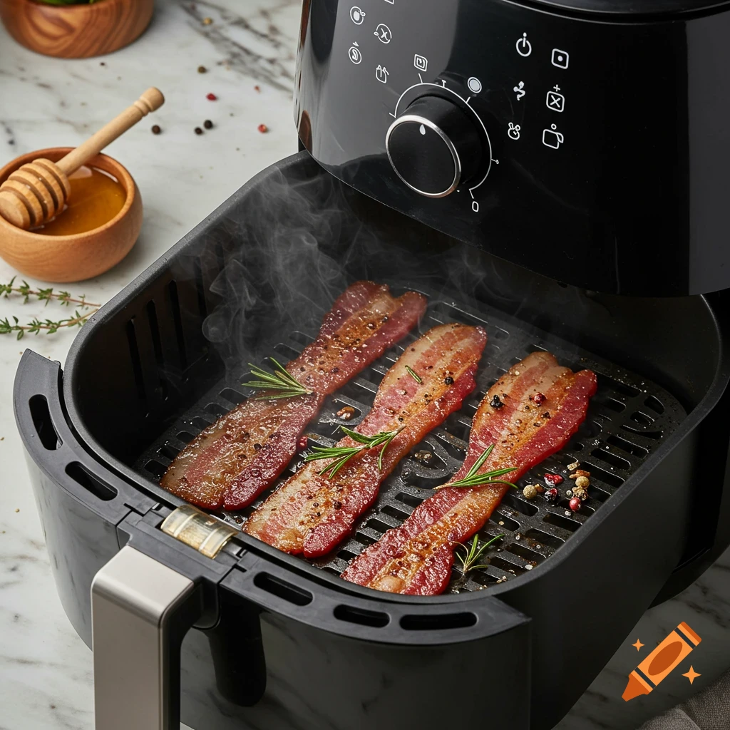 Close-up of four strips of sizzling bacon cooking in a black air fryer, with honey and peppercorns nearby.