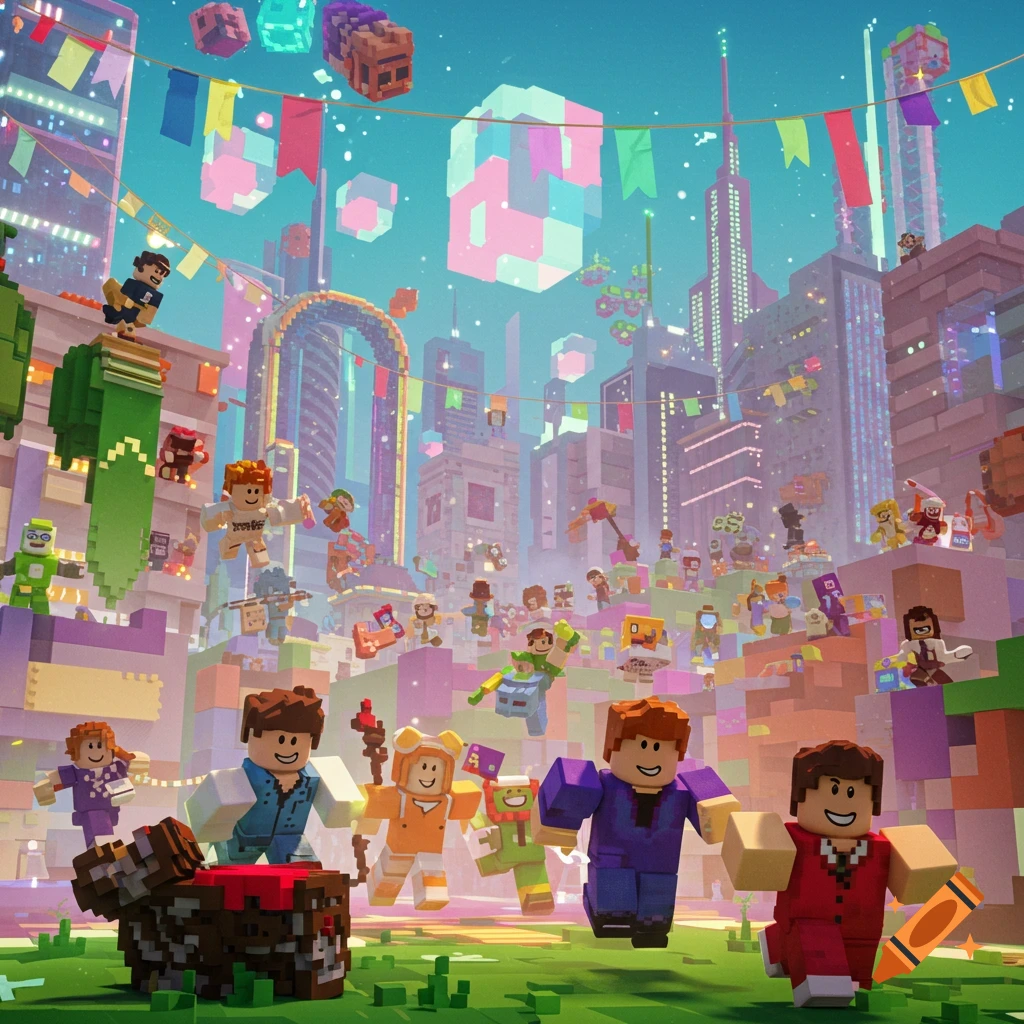 A vibrant, blocky cityscape filled with many Roblox-style characters celebrating in a festive atmosphere.