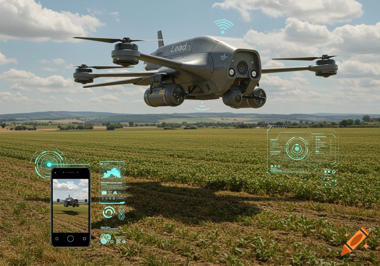 A futuristic grey drone flies over a green field, with holographic data interfaces and a smartphone displaying drone telemetry.