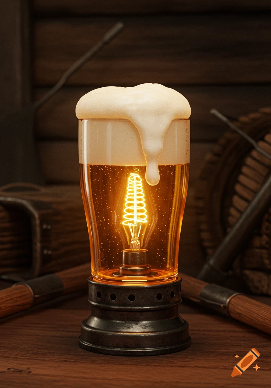 A photorealistic industrial-style lamp designed as a beer glass with foam, featuring an illuminated Edison bulb, on a wooden surface.