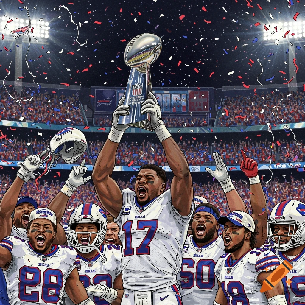 Stylized illustration of Buffalo Bills football players celebrating with the Super Bowl trophy in a confetti-filled stadium.
