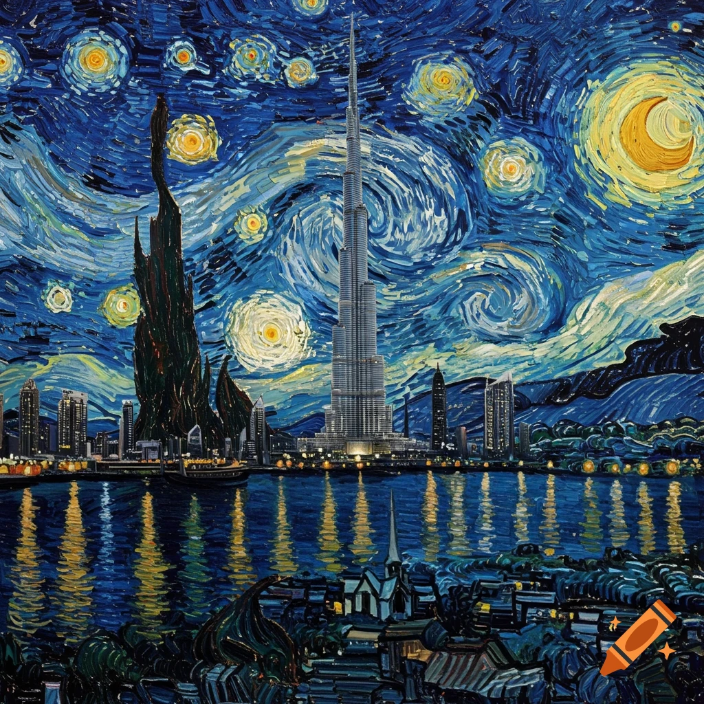 Burj Khalifa and Dubai cityscape at night, rendered in Van Gogh's Starry Night painting style.